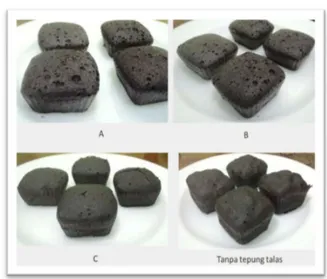 Gambar 7.Brownies Talas: A) menggunakan tepung talas A; B)  menggunakan tepung talas B; C) menggunakan tepung talas C; 