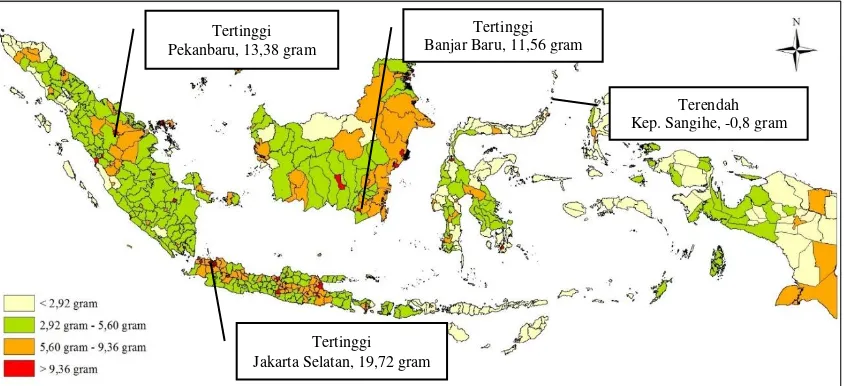 Gambar 3: Estimasi konsumsi daging per kapita per minggu di Indonesia tahun 2016 