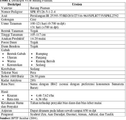 Tabel 1. Deskripsi VUB Batang Piaman. 