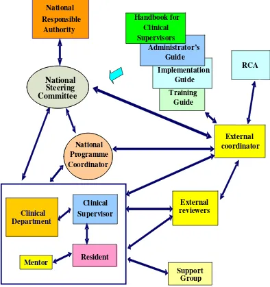 FIG. I.1.  Schematic showing the management structure and lines of communication within the RCA pilot clinical training programme