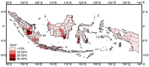 Gambar 2.  Peta Indeks Dampak Kekeringan Padi (IDKP) seluruh Indonesia yang menunjukkan kerusakan tanaman padi  akibat kekeringan adalah Provinsi Jawa Barat dan Sulawesi Selatan (Sumber: Surmaini et al 2015) 