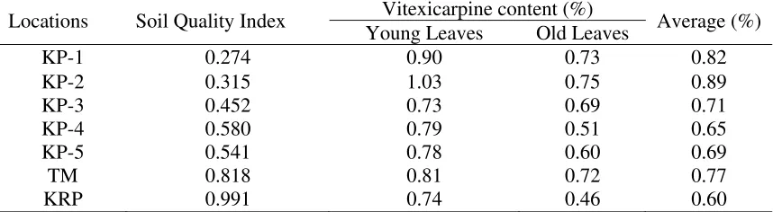 Table 3. Relationship of soil quality index and vitexicarpine concentration in young and old leaves of  Vitex trifolia L