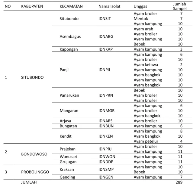 Tabel 1 Data sampel asal usapan kloaka di wilayah Jawa Timur