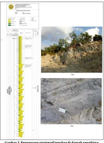 Gambar 3. Penampang stratigrafi terukur di daerah penelitian.  (3a) Singkapan perselingan batupasir tufan dengan batulanau tufan