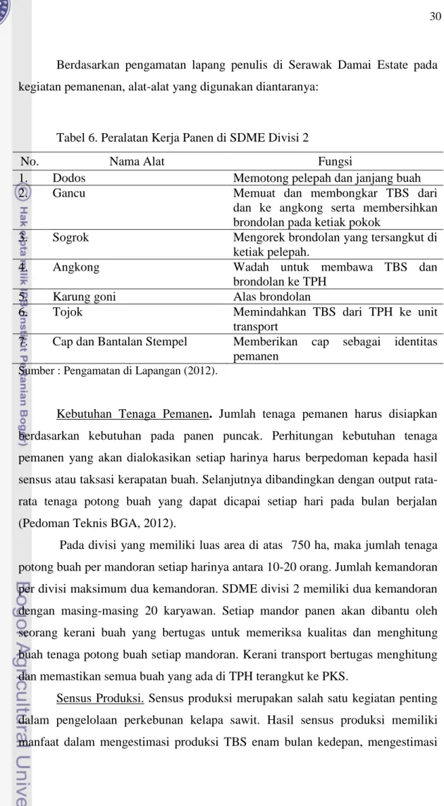 Tabel 6. Peralatan Kerja Panen di SDME Divisi 2 