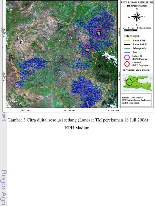 Gambar 3 Citra dijital resolusi sedang (Landsat TM perekaman 18 Juli 2006)  KPH Madiun