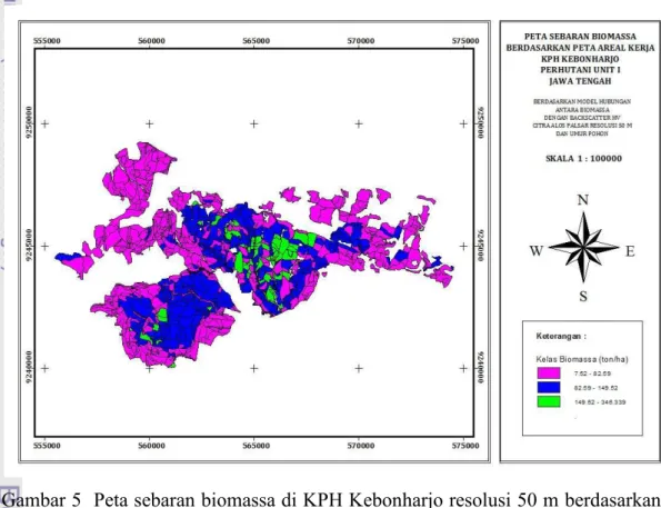 Gambar 5  Peta sebaran biomassa di KPH Kebonharjo resolusi 50 m berdasarkan  anak petak