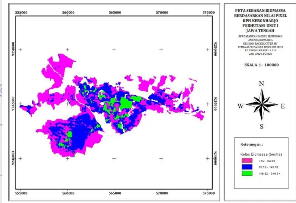 Gambar 6  Peta sebaran biomassa di KPH Kebonharjo resolusi 50 m berdasarkan  piksel dengan filtering 3x3