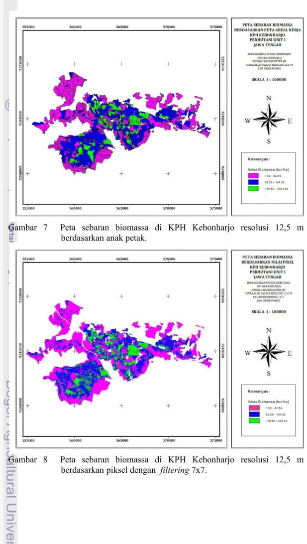 Gambar  7    Peta  sebaran  biomassa  di  KPH  Kebonharjo  resolusi  12,5  m  berdasarkan anak petak