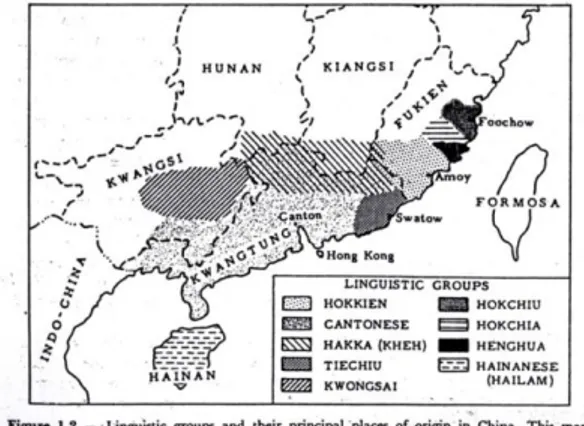 Gambar 3. Peta  daerah asal menurut kelompok   dialek para emigran  Tionghoa  ke Asia tenggara