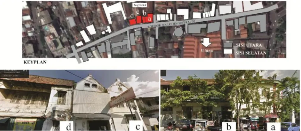 Gambar 13. Visual pada Segmen 4-Sisi Selatan Koridor Terbentuk dari Bangunan (a) Bangunan Soroban  Mental Aritmatika Indonesia, (b) Toko, (c) Gudang, (d) Hunian 