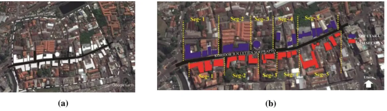 Gambar 1. (a) Kawasan Kota Lama dan koridor, (b) Segmen pada koridor Jl. Letjen Soeprapto 