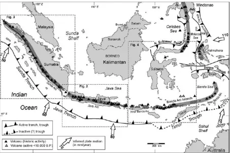 Gambar 2.1: Peta sebaran daerah volkanik aktif di Indonesia dan zona tumbukan lempengbenua Eurasia dan Indo-Australia (Hochstein and Sudarman, 2008)