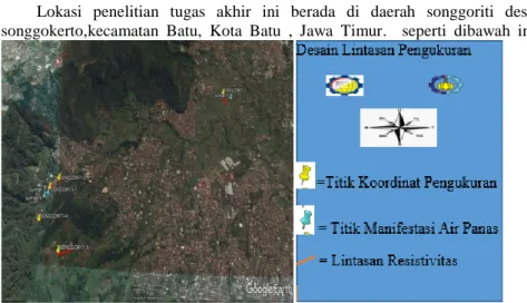 Gambar 3. 1 Lokasi Pengukuran Daerah Songgoriti, Desa Songgoketo                                   Kecamatan Batu, Kota Batu (Google Earth/  