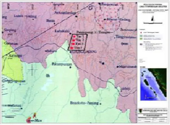 Gambar 2.  Lokasi titik sounding penelitian di Jorong Tampus Kanagarian Ujung  Gading (Silitonga dan Kastowo, 1975)