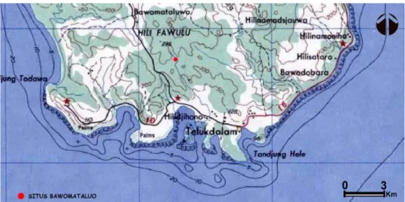 Gambar 2. Keletakan Situs Bawomataluo dalam peta topografi (Sumber: Peta Topografi Lembar Teluk 