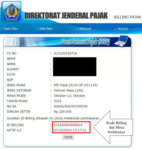 Gambar 4.12 Tampilan Penerbitan Kode Billing 