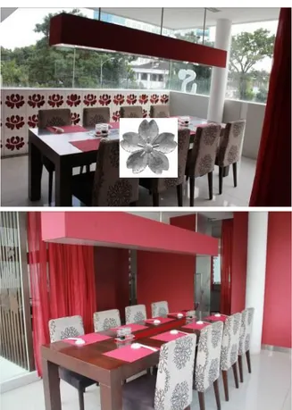 Gambar 8. Kiri: Area makan memanjang (area 3); Tengah- Tengah-Kanan:  Area  makan  VIP  (area  4)  dan  ragam  hias  pada  dinding 