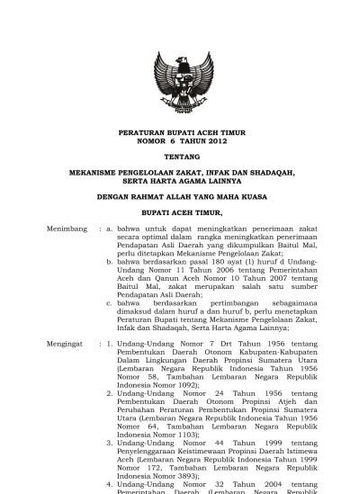 PERATURAN BUPATI ACEH TIMUR NOMOR 6 TAHUN 2012 TENTANG MEKANISME ...