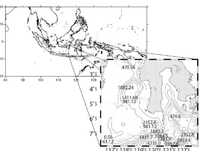 Gambar 2  Domain model dan batimetri perairan Selatan Sulawesi 