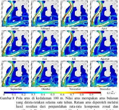Gambar 8 Pola arus di kedalaman 100 m. Nilai arus merupakan arus bulanan  yang dirata-ratakan selama satu tahun
