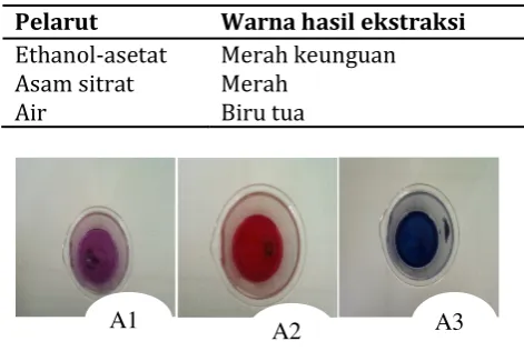 Gambar 1. Visualiasi ekstrak bunga teleng dengan etanol asetat 10% (A1), asam sitrat (A2) dan air (A3) 