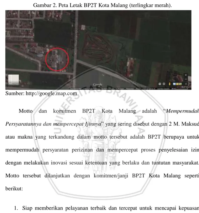 Gambar 2. Peta Letak BP2T Kota Malang (terlingkar merah). 