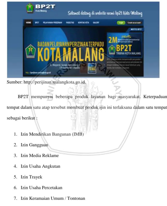 Gambar 3. Tampilan situs layanan online BP2T Kota Malang. 