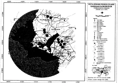 Gambar  4.Peta  zonasi baru  pengelolaan  kawasan  Borobudur: perbandingan  dengan versi  JICA  (1979)