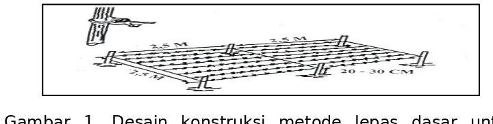 Gambar  2.  Desain  konstruksi  metode  rakit  apung  untukbudidayarumput  laut  K.  alvarezii (Anggadireja,2006)
