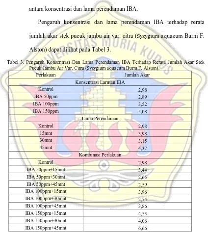 Tabel 3. Pengaruh Konsentrasi Dan Lama Perendaman IBA Terhadap Rerata Jumlah Akar Stek Pucuk Jambu Air Var