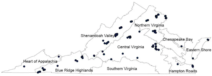 Figure 2. Locations of 223 Hotels within Virginia’s Tourism Regions 