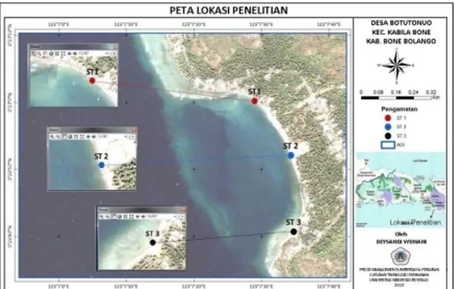 Gambar 1 Peta lokasi penelitian Pantai Botutonuo  Lokasi penelitian dibagi atas 3 (tiga) stasiun