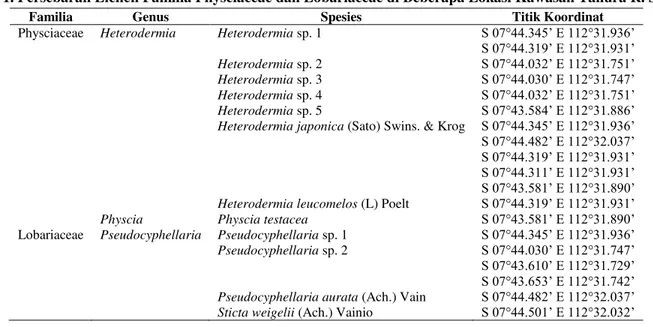 Tabel 1. Persebaran Lichen Familia Physciaceae dan Lobariaceae di Beberapa Lokasi Kawasan Tahura R