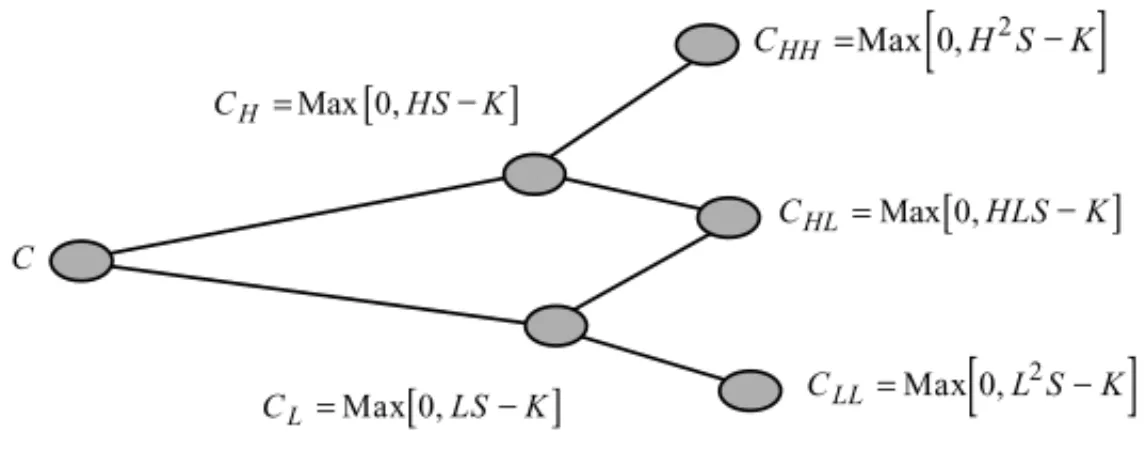 Figure 6.4 A two-period binomial tree.