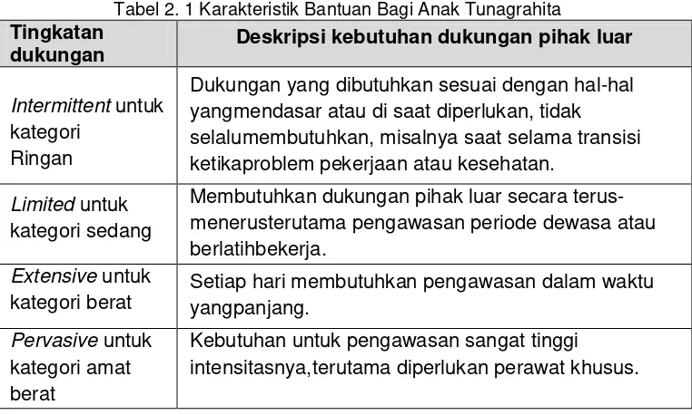 Tabel 2. 1 Karakteristik Bantuan Bagi Anak Tunagrahita 
