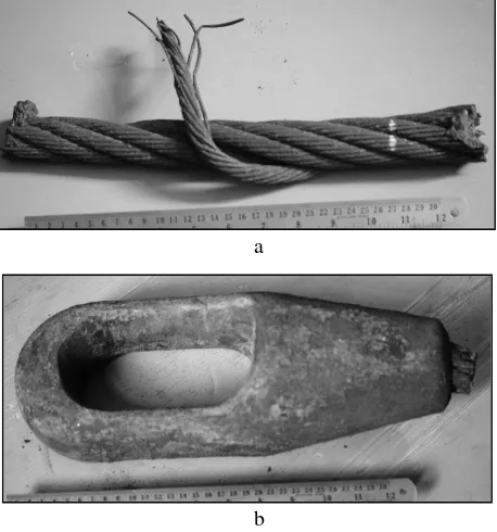 Gambar 1. Potongan kabel sling (a) dan sprocket-nya (b) untuk pemeriksaan laboratorium 