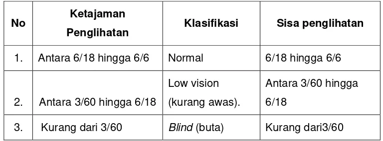 Tabel 1. 1 Klasifikasi hambatan penglihatan menurut WHO 