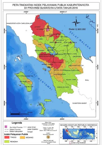 Gambar 5 Peta  Tingkatan Indek  Pelayanan Publik Kabupaten/Kota  di Provinsi Sumatera Utara Tahun 2016 