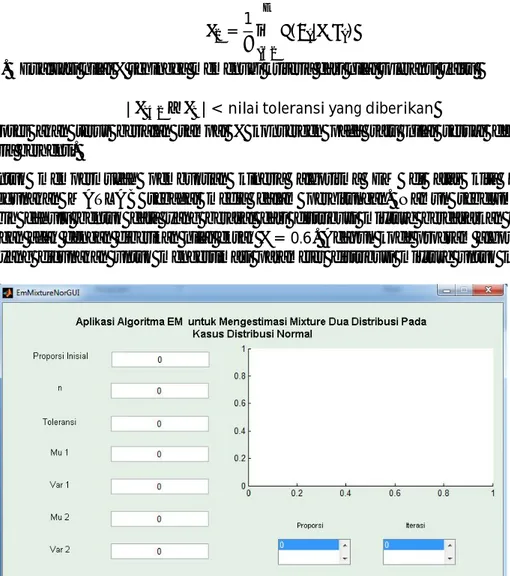 Gambar  1.  GUI  program  algoritma  EM  untuk  estimasi  parameter  distribusi  mixture kasus distribusi normal 