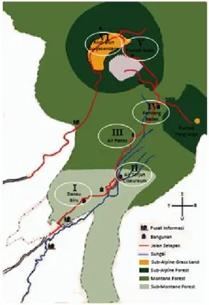 Gambar 1. Lokasi pengamatan semut di sepanjang Jalur Pendakian Cibodas, TNGGP