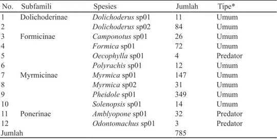 Tabel 1. Keanekaragaman dan Kelimpahan Semut pada Berbagai Subzona Hutan  Pegunungan di Sepanjang Jalur Pendakian Cibodas, TNGGP