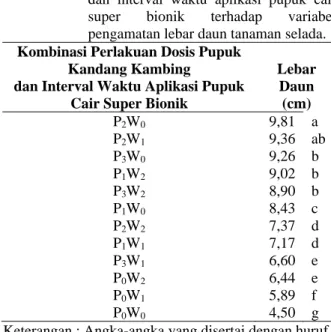 Tabel 10. Interaksi antara dosis pupuk kandang kambing  dan  interval  waktu  aplikasi  pupuk  cair  super  bionik  terhadap  variabel  pengamatan lebar daun tanaman selada