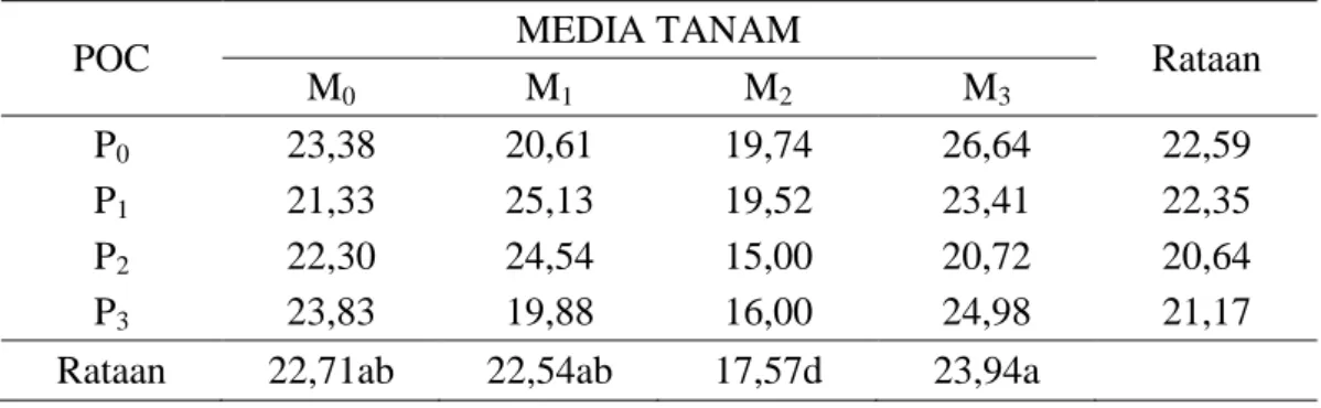 Tabel 1. Rataan Tinggi Tanaman Terung dengan Perlakuan POC Urin Kelinci dan  Berbagai Media Tanam 