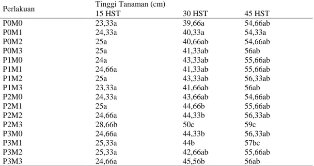 Tabel  1  Pengaruh  kombinasi  perlakuan  pemberian  pupuk  kandang  kambing  dengan  pupuk  NPK  Ponska terhadap tinggi tanaman terung pada umur15, 30 dan 45 HST 