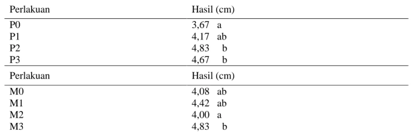 Tabel  4  Pengaruh  pemberian  pupuk  kandang  kambing  dan  pupuk  NPK  terhadap  diameter  buah  terung hijau  Perlakuan  Hasil (cm)  P0  P1  P2  P3  3,67   a  4,17   ab  4,83     b 4,67     b  Perlakuan  Hasil (cm)  M0  M1  M2  M3  4,08   ab 4,42   ab 4