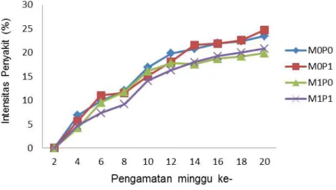 Tabel 4.  Pengaruh  pemberian  JMA,  kompos,  dan  interaksinya  terhadap  intensitas  penyakit  bercak  daun  cengkeh pada minggu ke-20 setelah pemindahan bibit di polibag 
