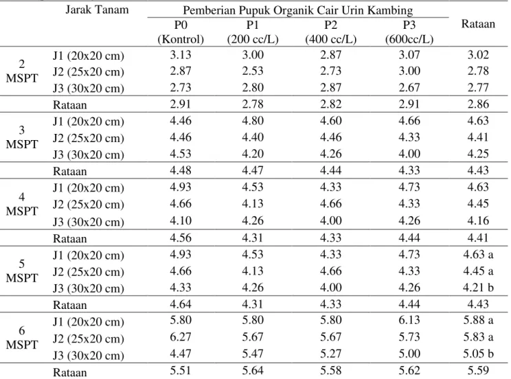 Tabel  2.Rataan  jumlah  daun(helai)  2±6MSPT  pada pemberian  pupuk organik cair urin kambing  dan  perlakuan jarak tanam 