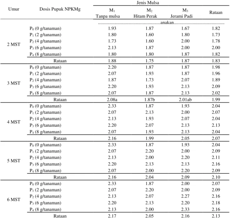 Tabel 3.  Jumlah  anakan  per  rumpun  tanaman  bawang  merah  umur2-6  MST  pada  perlakuan  pemberian pupuk NPKMg dan jenis mulsa