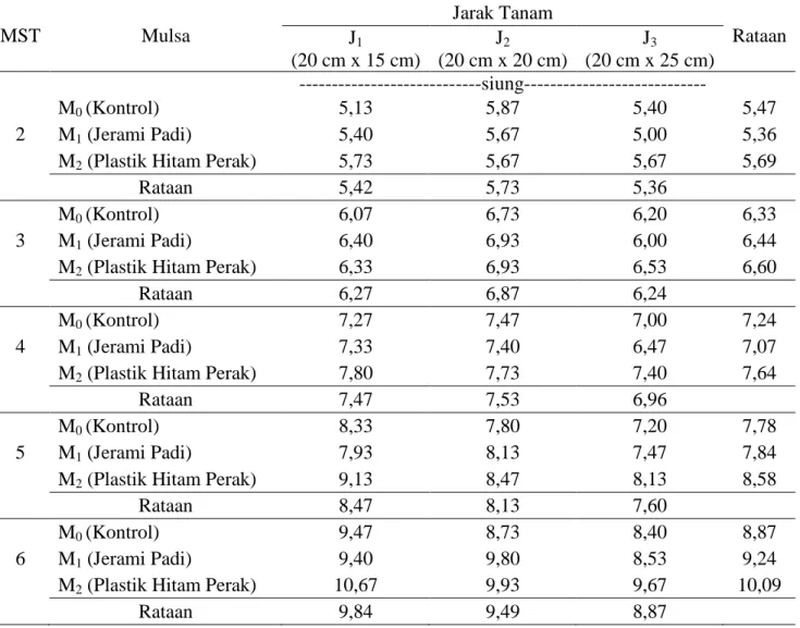 Tabel  3  menunjukkan  bahwa  jumlah  anakan  pada  6  MST  tertinggi  terdapat  pada  perlakuan  M 2   (Mulsa  Plastik  Hitam  Perak) 